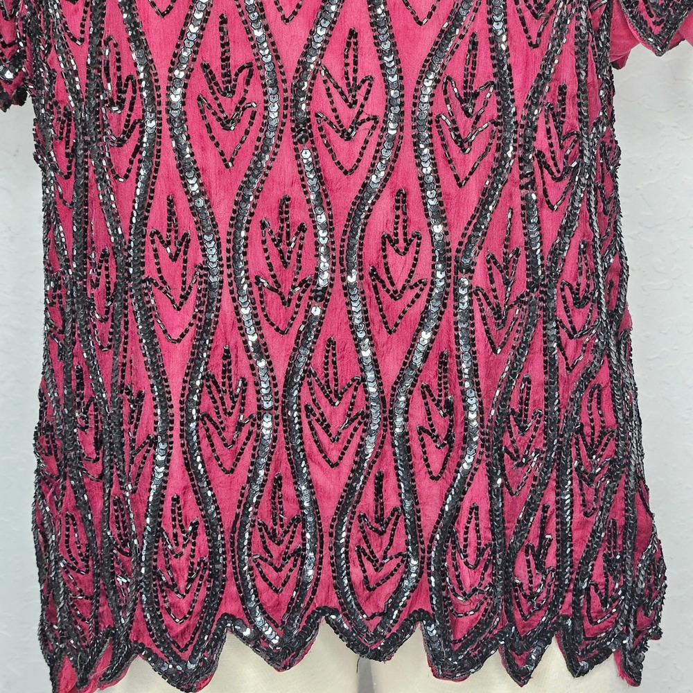 Stenay Petite Vintage Beaded Sequin Silk Blouse Burgundy‎ Black Scalloped PL - Picture 3 of 10